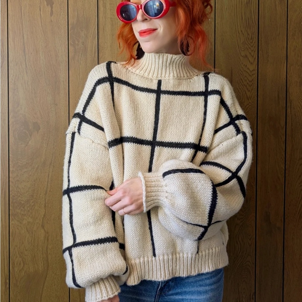 Anthropologie Little Lies Checkmate Mock Neck Chunky Turtleneck Sweater (M/L)